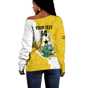 Custom Ghana Football Off Shoulder Sweater 2026 Go Black Stars Yellow Adinkra Pattern - African Pride