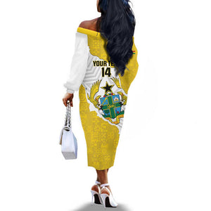 Custom Ghana Football Off The Shoulder Long Sleeve Dress 2026 Go Black Stars Yellow Adinkra Pattern - African Pride