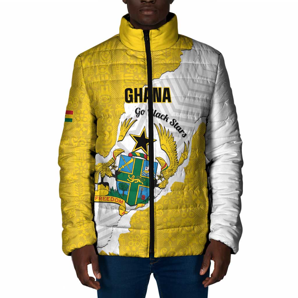 Custom Ghana Football Padded Jacket 2026 Go Black Stars Yellow Adinkra Pattern - African Pride