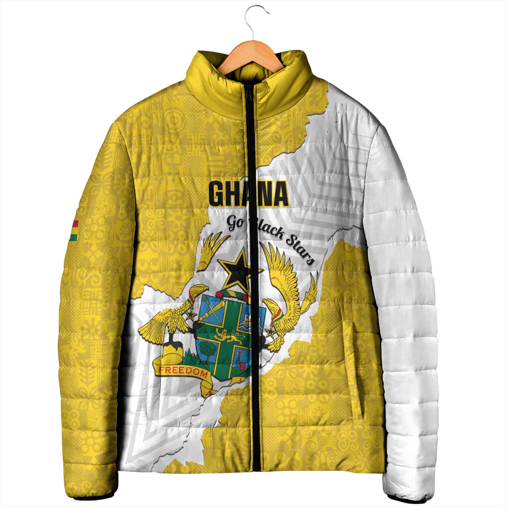 Custom Ghana Football Padded Jacket 2026 Go Black Stars Yellow Adinkra Pattern - African Pride