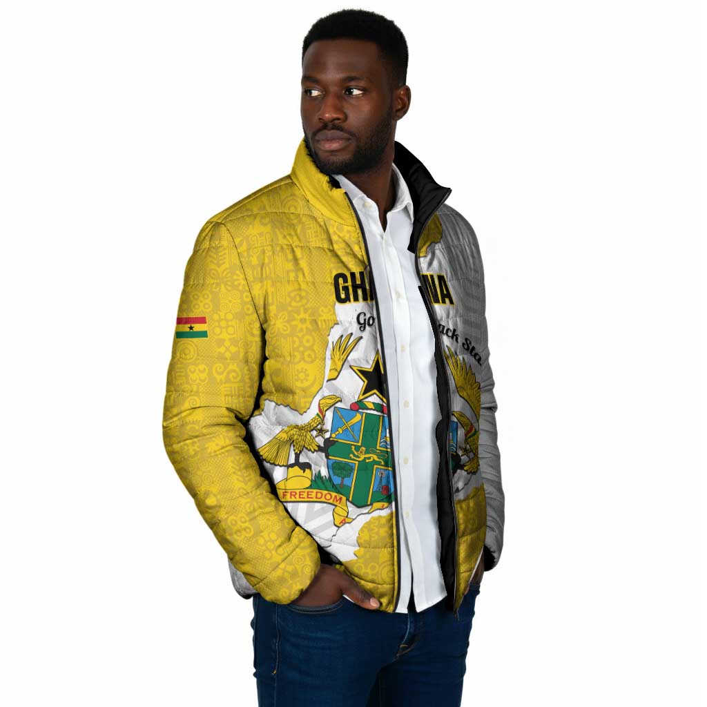 Custom Ghana Football Padded Jacket 2026 Go Black Stars Yellow Adinkra Pattern - African Pride