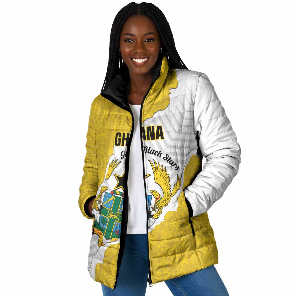 Custom Ghana Football Padded Jacket 2026 Go Black Stars Yellow Adinkra Pattern - African Pride
