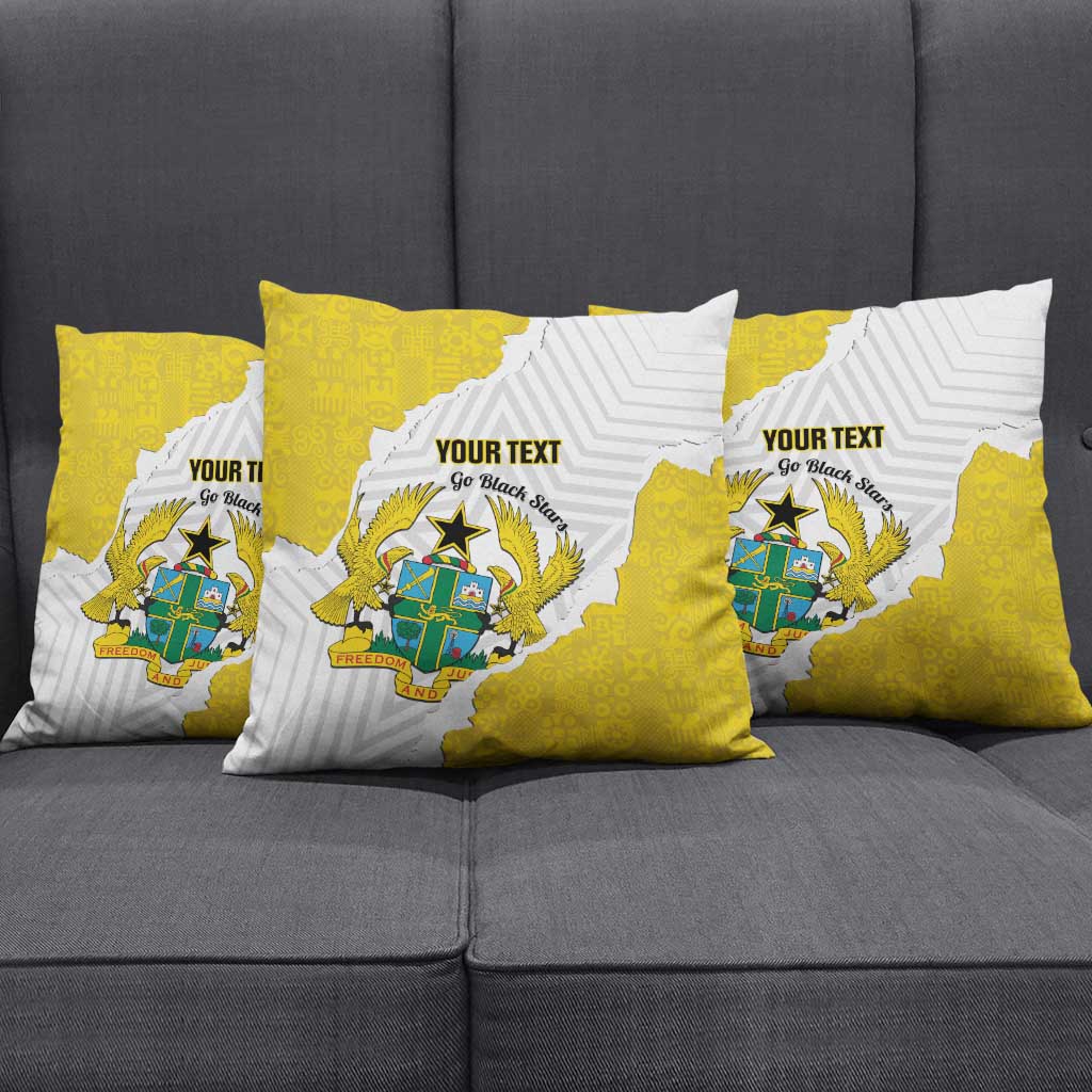 Custom Ghana Football Pillow Cover 2026 Go Black Stars Yellow Adinkra Pattern - African Pride