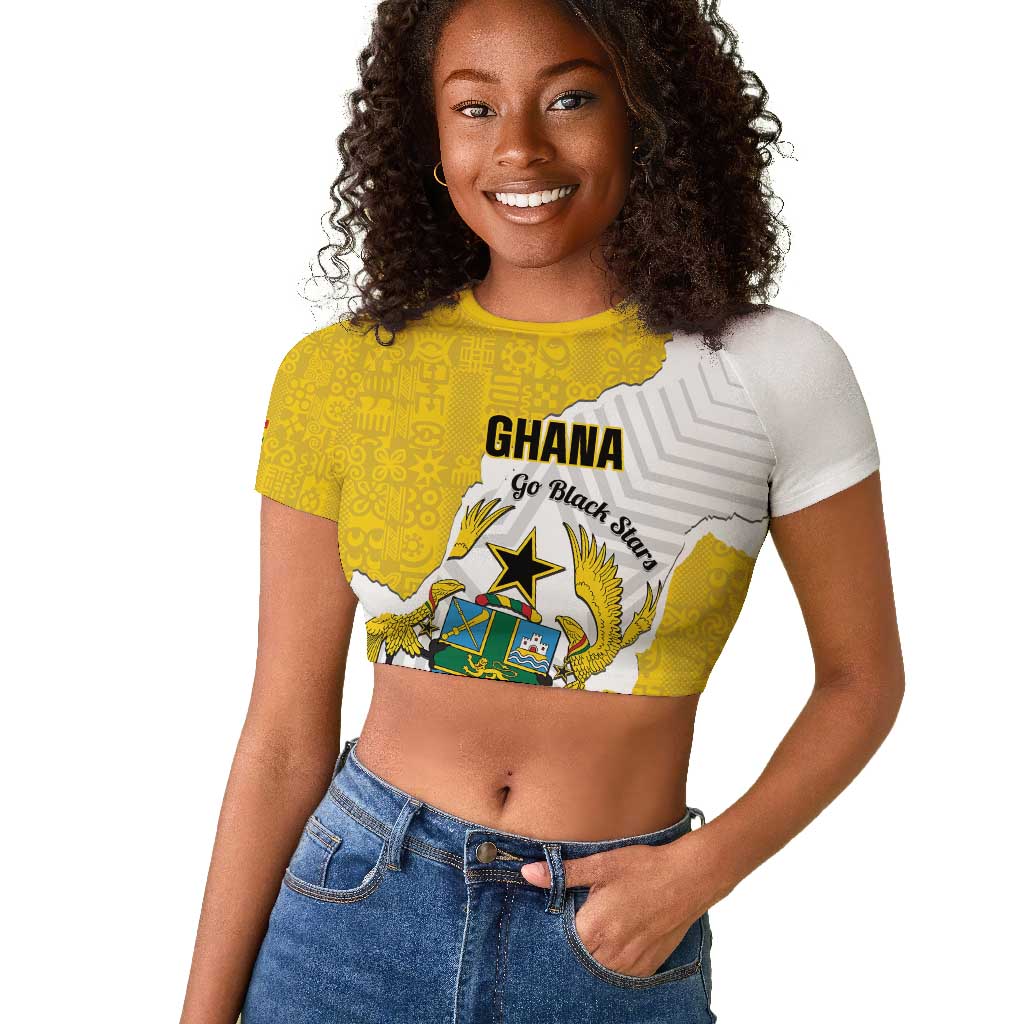 Custom Ghana Football Raglan Cropped T shirt 2026 Go Black Stars Yellow Adinkra Pattern - African Pride