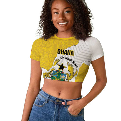 Custom Ghana Football Raglan Cropped T shirt 2026 Go Black Stars Yellow Adinkra Pattern - African Pride