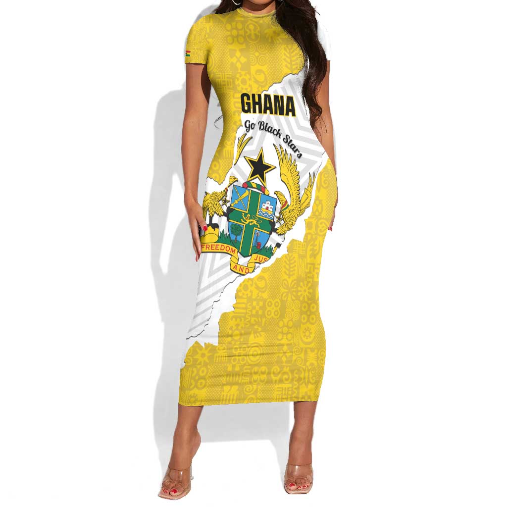 Custom Ghana Football Short Sleeve Bodycon Dress 2026 Go Black Stars Yellow Adinkra Pattern - African Pride