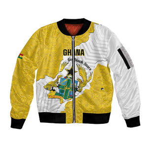 Custom Ghana Football Sleeve Zip Bomber Jacket 2026 Go Black Stars Yellow Adinkra Pattern - African Pride