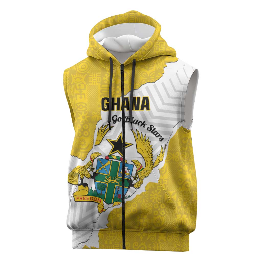 Custom Ghana Football Sleeveless Zip Hoodie 2026 Go Black Stars Yellow Adinkra Pattern - African Pride
