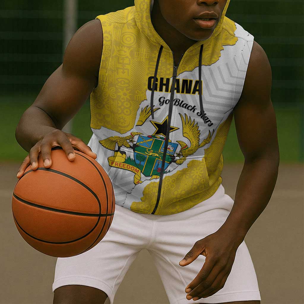 Custom Ghana Football Sleeveless Zip Hoodie 2026 Go Black Stars Yellow Adinkra Pattern - African Pride