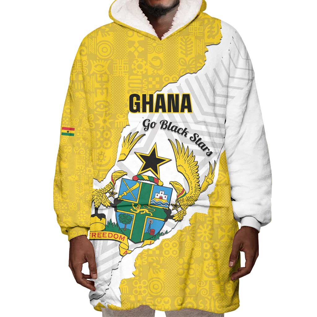 Custom Ghana Football Wearable Blanket Hoodie 2026 Go Black Stars Yellow Adinkra Pattern - African Pride