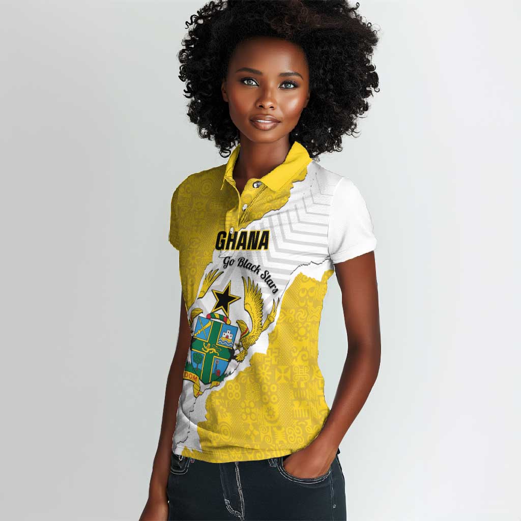 Custom Ghana Football Women Polo Shirt 2026 Go Black Stars Yellow Adinkra Pattern LT14