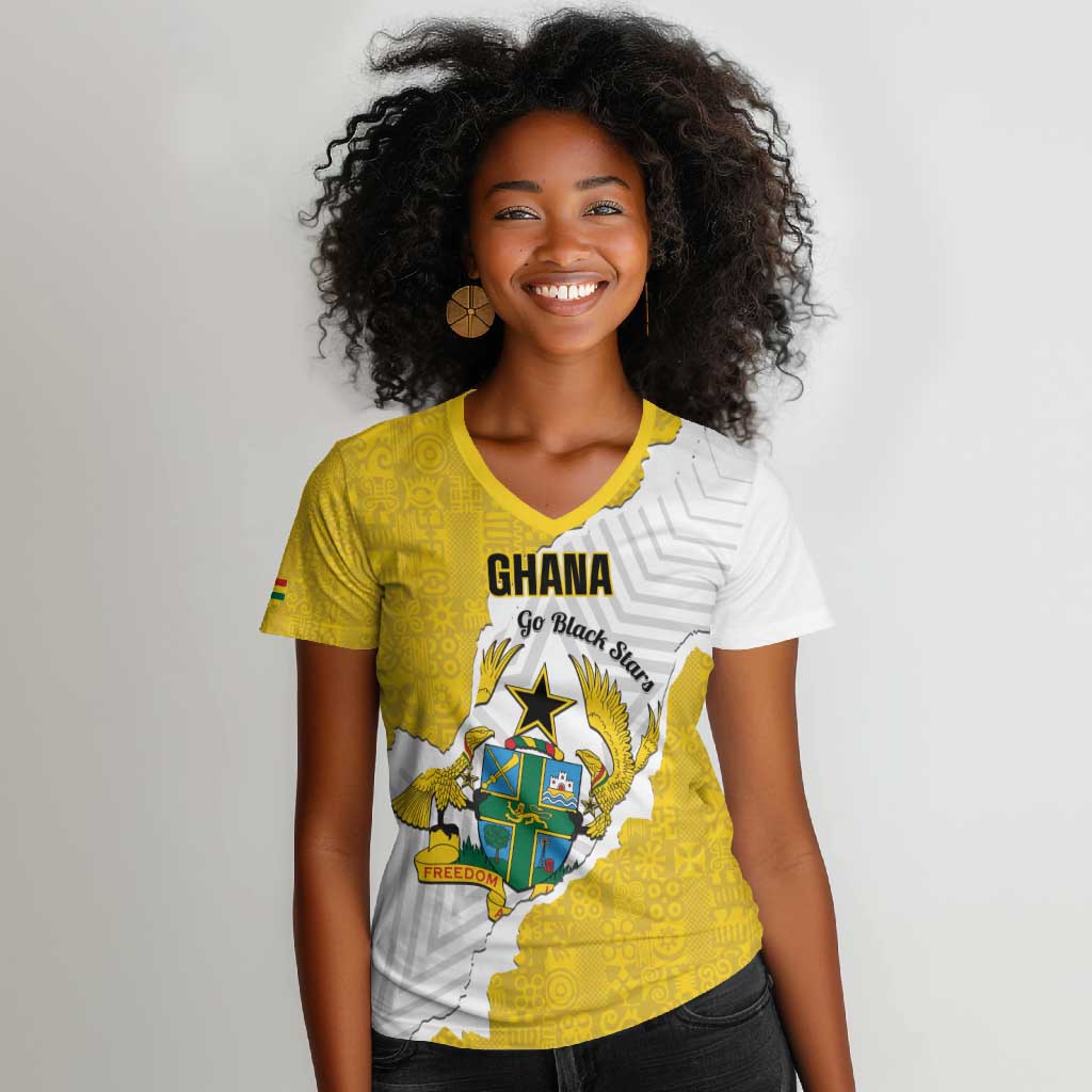 Custom Ghana Football Women V-Neck T-Shirt 2026 Go Black Stars Yellow Adinkra Pattern - African Pride