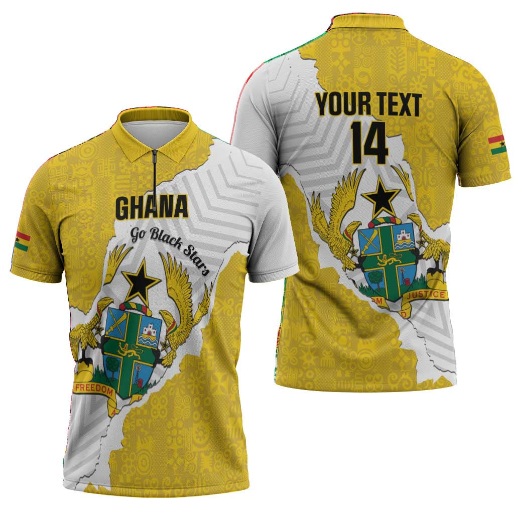 Custom Ghana Football Zipper Polo Shirt 2026 Go Black Stars Yellow Adinkra Pattern - African Pride