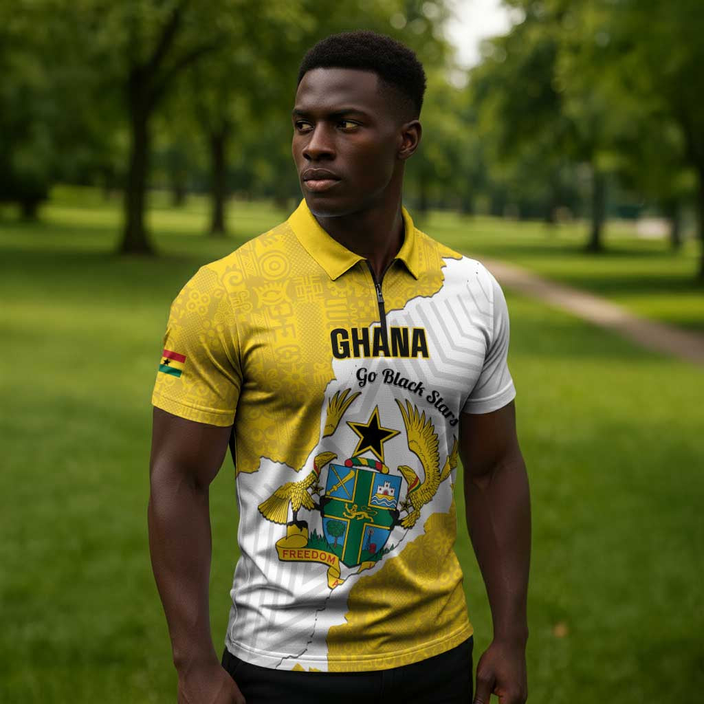 Custom Ghana Football Zipper Polo Shirt 2026 Go Black Stars Yellow Adinkra Pattern - African Pride