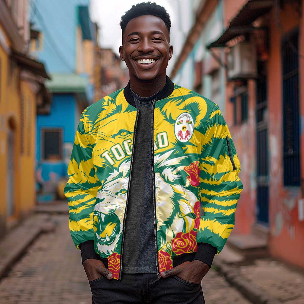 Togo Independence Day Sleeve Zip Bomber Jacket Lion and Rose Proud To Be Togolese