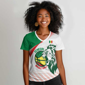 Afro Basketball Custom Senegal Women V-Neck T-Shirt Come On Lions - African Pride