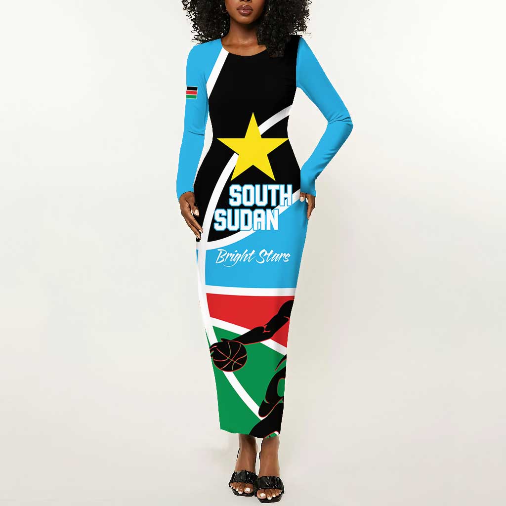 Afro Basketball Custom South Sudan Long Sleeve Bodycon Dress Come On Bright Stars - African Pride