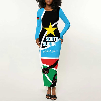 Afro Basketball Custom South Sudan Long Sleeve Bodycon Dress Come On Bright Stars - African Pride