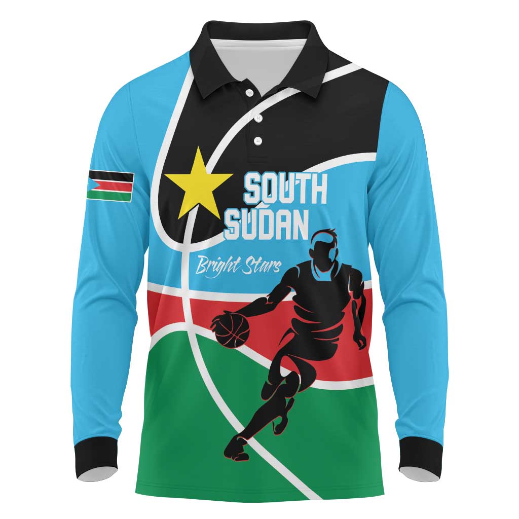 Afro Basketball Custom South Sudan Long Sleeve Polo Shirt Come On Bright Stars - African Pride