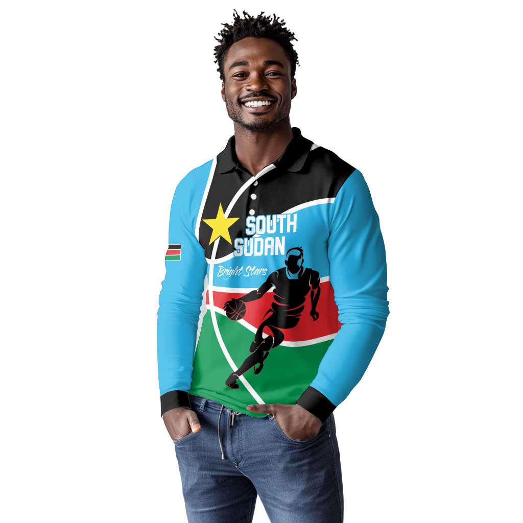 Afro Basketball Custom South Sudan Long Sleeve Polo Shirt Come On Bright Stars - African Pride