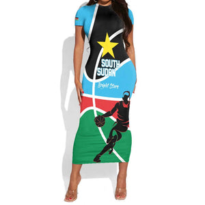 Afro Basketball Custom South Sudan Short Sleeve Bodycon Dress Come On Bright Stars - African Pride