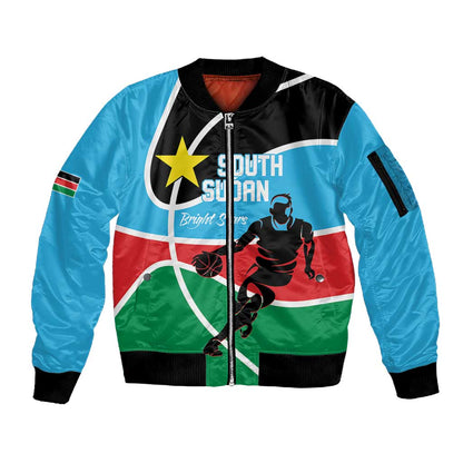 Afro Basketball Custom South Sudan Sleeve Zip Bomber Jacket Come On Bright Stars - African Pride