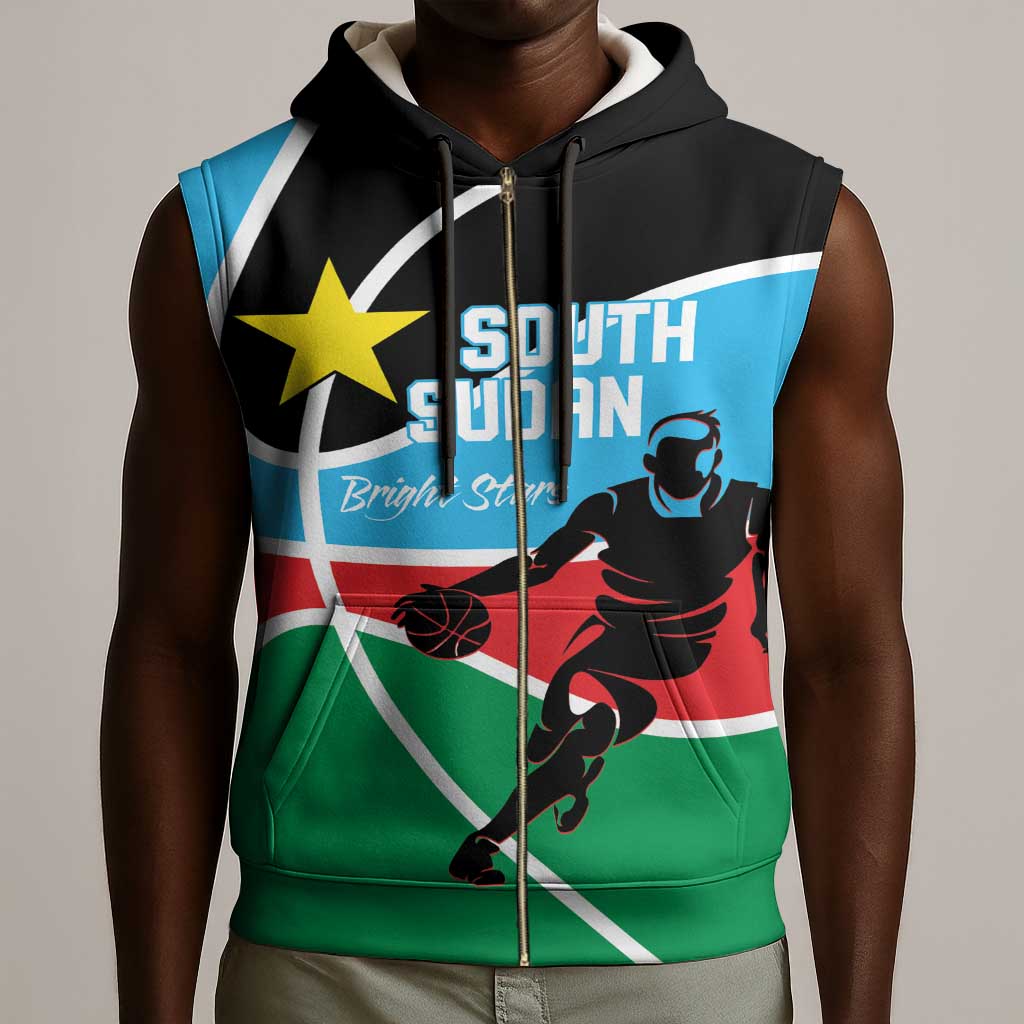 Afro Basketball Custom South Sudan Sleeveless Zip Hoodie Come On Bright Stars - African Pride