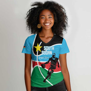 Afro Basketball Custom South Sudan Women V-Neck T-Shirt Come On Bright Stars - African Pride
