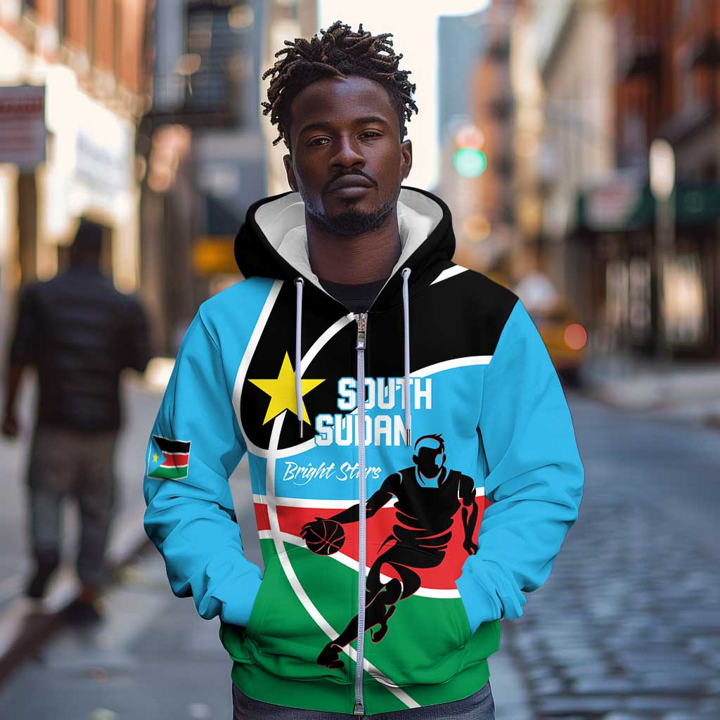 Afro Basketball Custom South Sudan Zip Hoodie Come On Bright Stars - African Pride