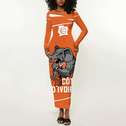 Afro Basketball Custom Ivory Coast Long Sleeve Bodycon Dress Allez Les Elephants - African Pride