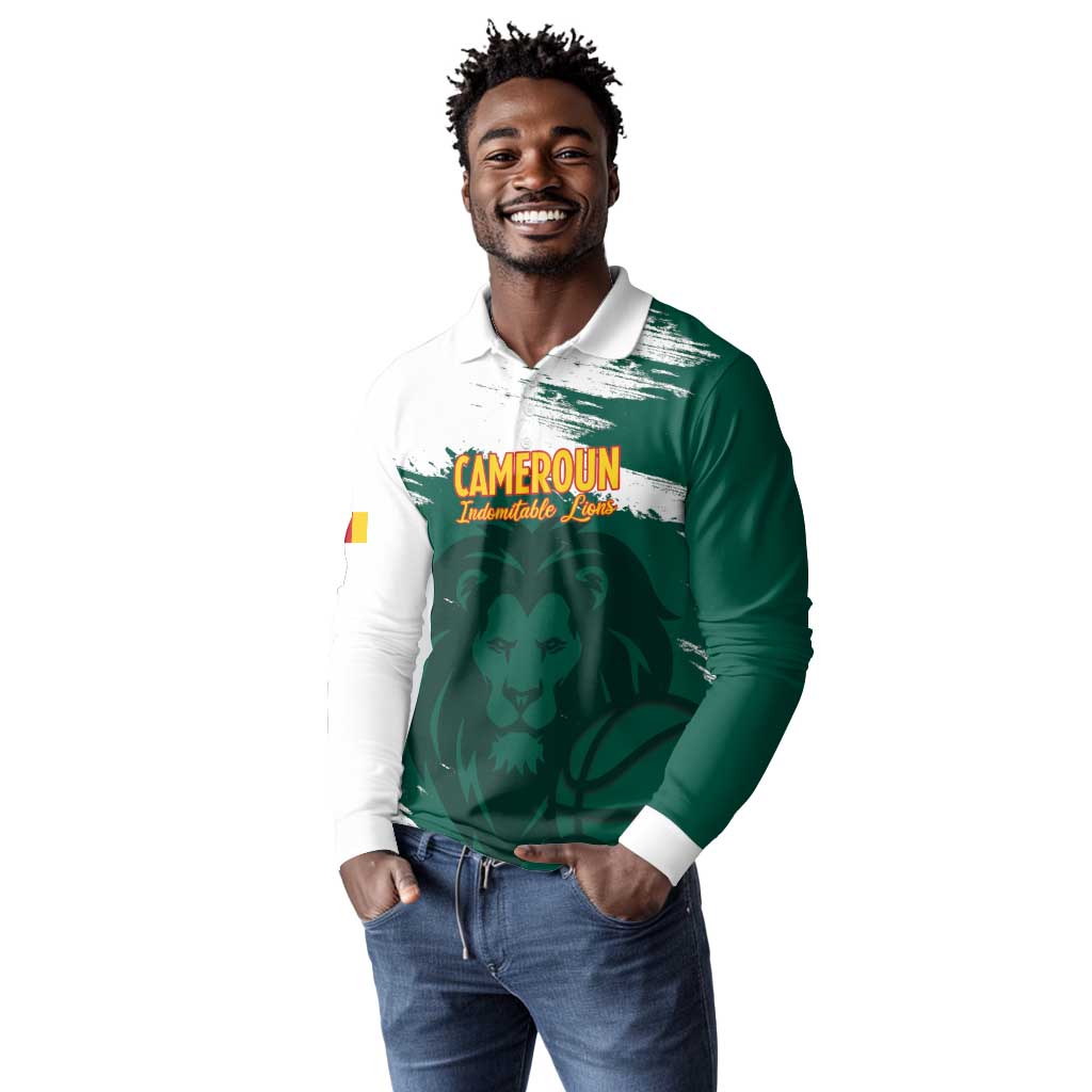 Afro Basketball Custom Cameroon Long Sleeve Polo Shirt Come On Indomitable Lions - African Pride