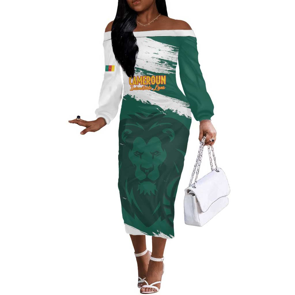 Afro Basketball Custom Cameroon Off The Shoulder Long Sleeve Dress Come On Indomitable Lions - African Pride