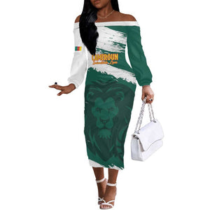 Afro Basketball Custom Cameroon Off The Shoulder Long Sleeve Dress Come On Indomitable Lions - African Pride