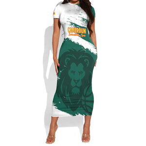 Afro Basketball Custom Cameroon Short Sleeve Bodycon Dress Come On Indomitable Lions - African Pride