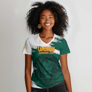 Afro Basketball Custom Cameroon Women V-Neck T-Shirt Come On Indomitable Lions - African Pride