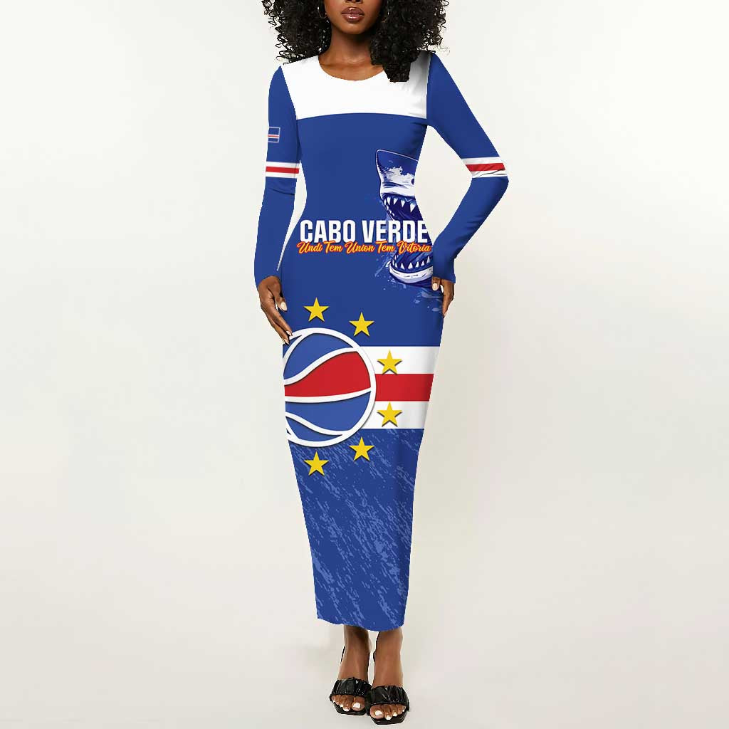 Afro Basketball Custom Cape Verde Long Sleeve Bodycon Dress Come On Blue Sharks - African Pride