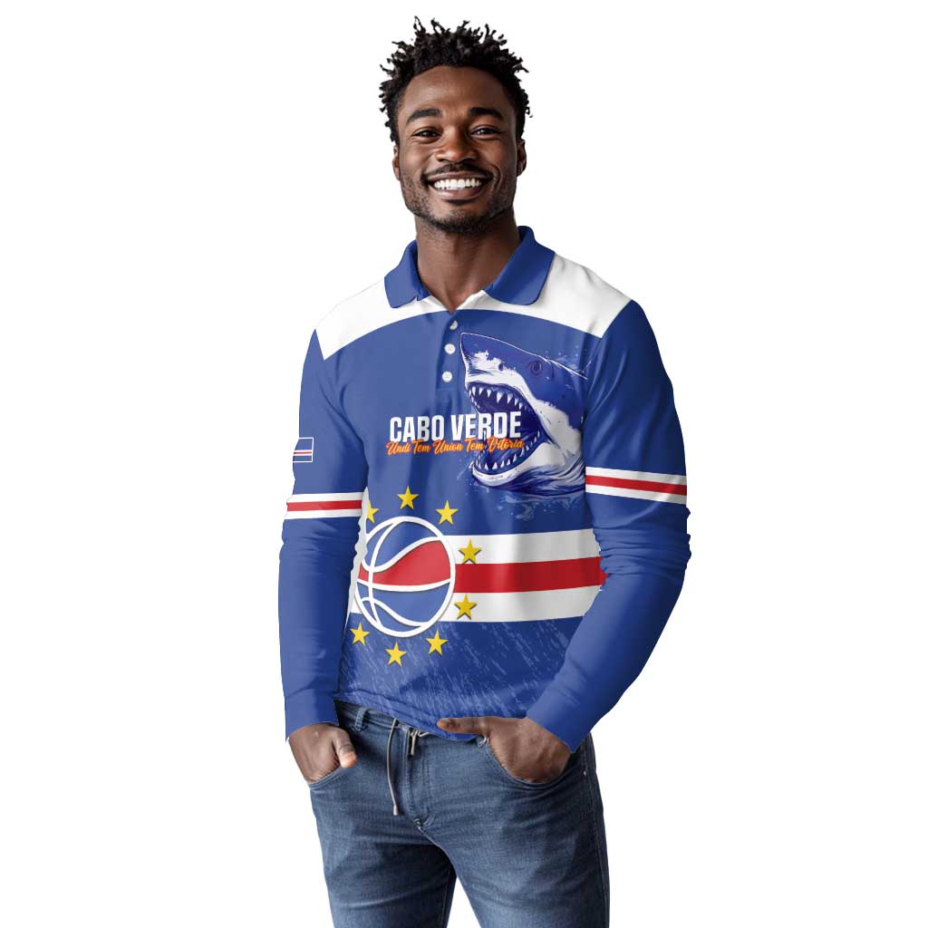 Afro Basketball Custom Cape Verde Long Sleeve Polo Shirt Come On Blue Sharks - African Pride