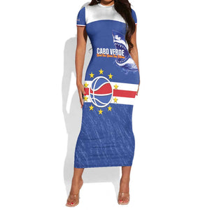 Afro Basketball Custom Cape Verde Short Sleeve Bodycon Dress Come On Blue Sharks - African Pride