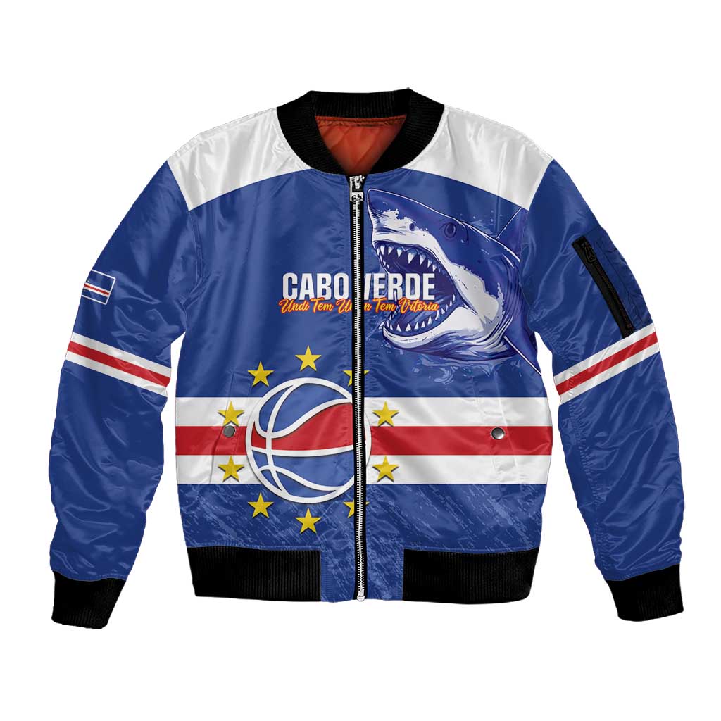Afro Basketball Custom Cape Verde Sleeve Zip Bomber Jacket Come On Blue Sharks - African Pride