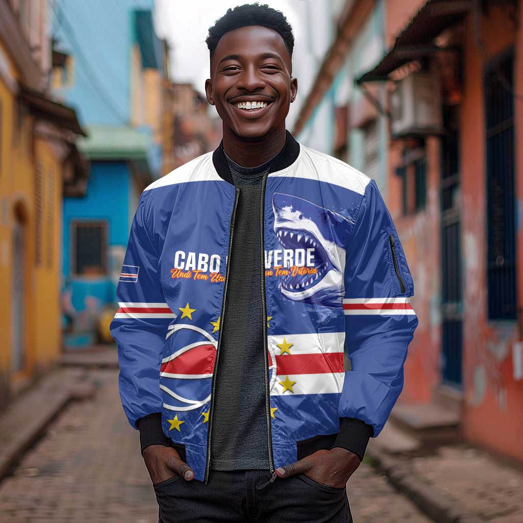 Afro Basketball Custom Cape Verde Sleeve Zip Bomber Jacket Come On Blue Sharks - African Pride