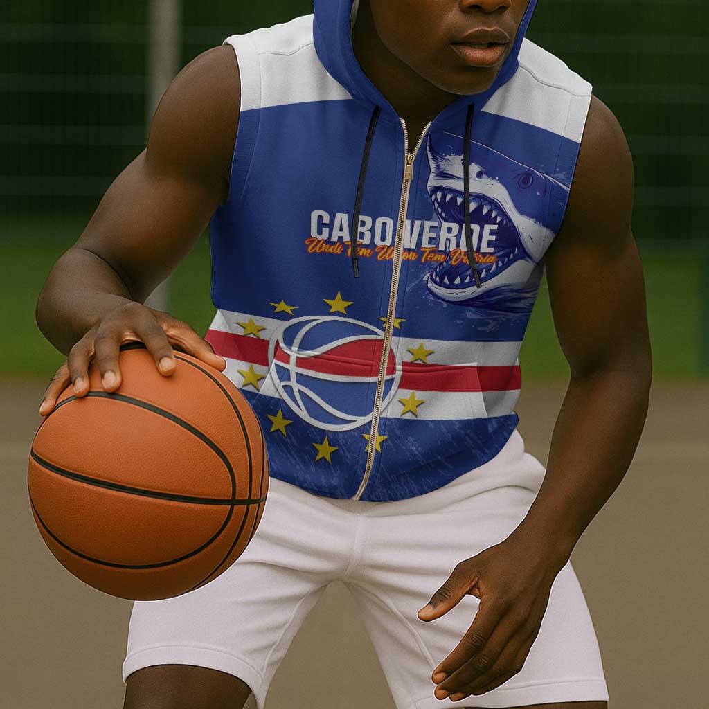 Afro Basketball Custom Cape Verde Sleeveless Zip Hoodie Come On Blue Sharks - African Pride