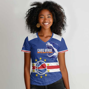 Afro Basketball Custom Cape Verde Women V-Neck T-Shirt Come On Blue Sharks - African Pride