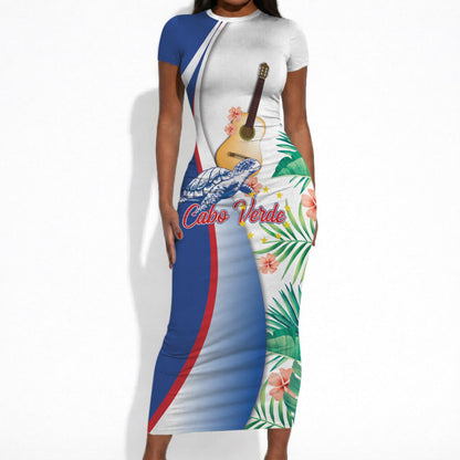 Cavaquinho Cabo Verde Short Sleeve Bodycon Dress Cape Verdean Instrument Tropical Sea Turtle