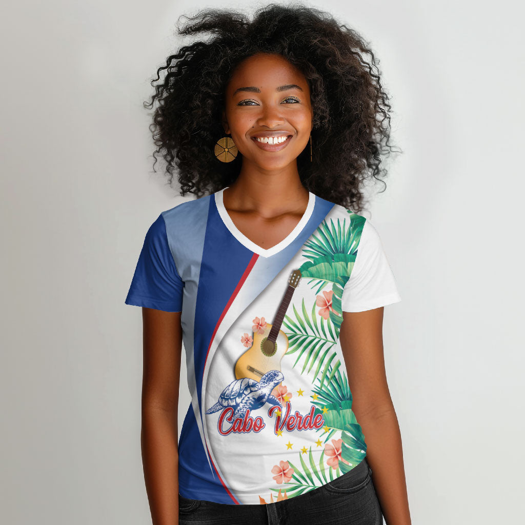 Cavaquinho Cabo Verde Women V-Neck T-Shirt Cape Verdean Instrument Tropical Sea Turtle