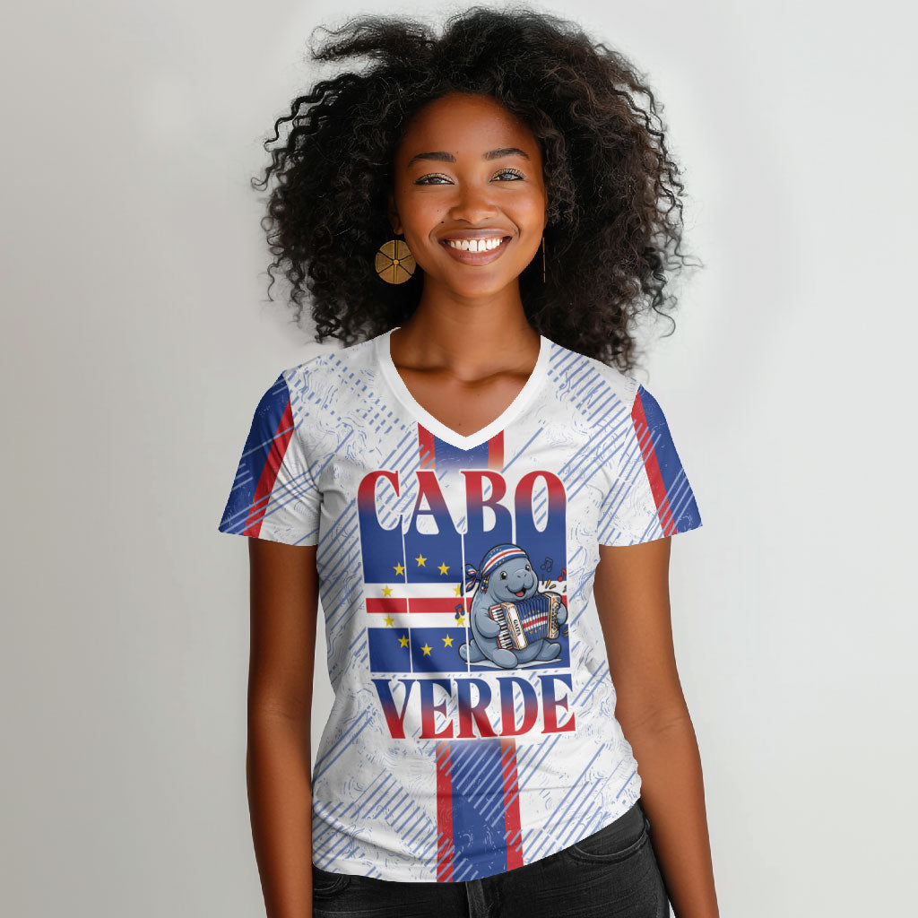 Accordion Gaita Cabo Verde Women V-Neck T-Shirt Cape Verdean Instrument Cute Manatee
