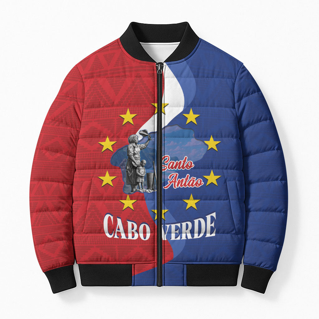 Santo Antao Cabo Verde Bomber Puffer Jacket Map With Me Maia Statue African Pattern