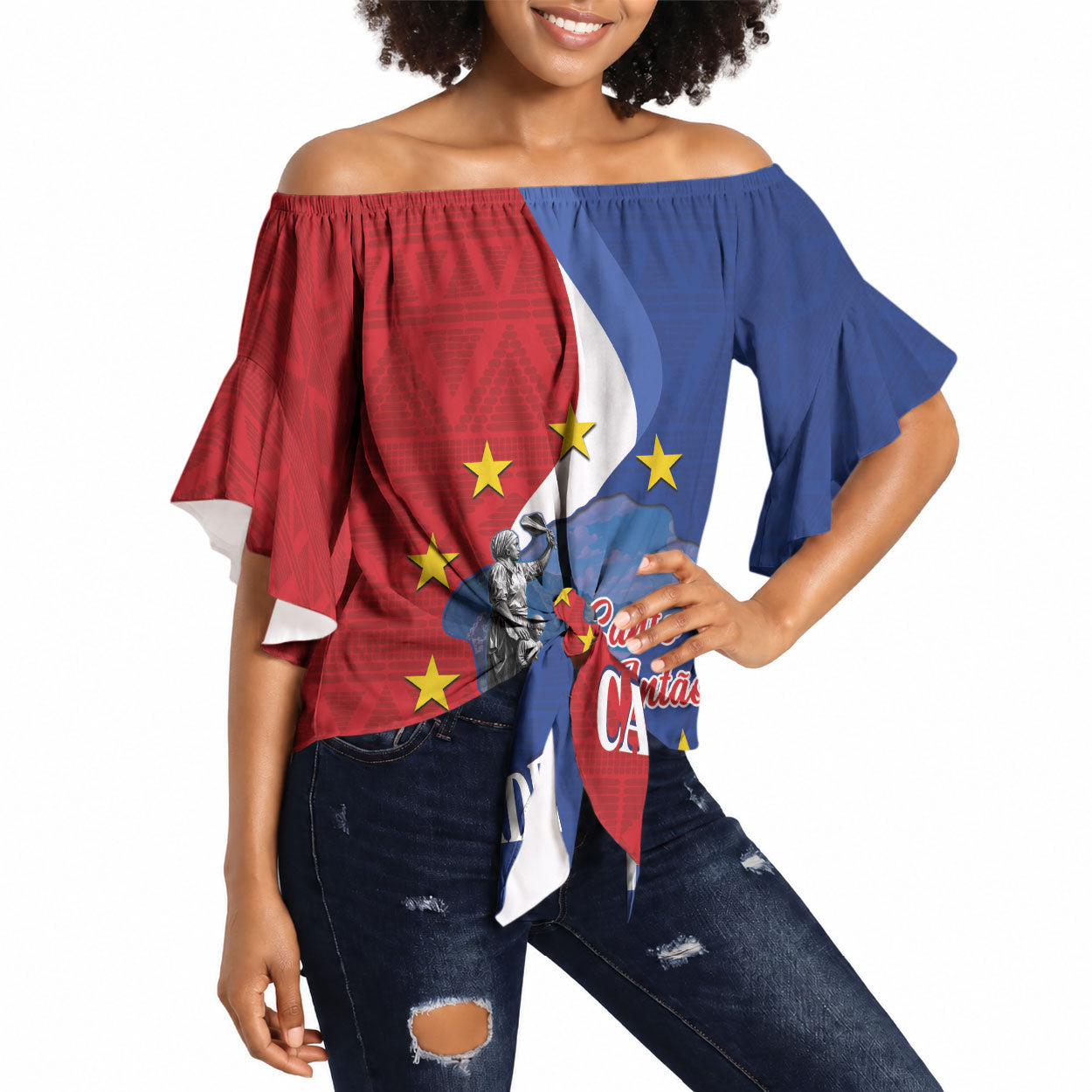 Santo Antao Cabo Verde Off Shoulder Wrap Waist Top Map With Me Maia Statue African Pattern