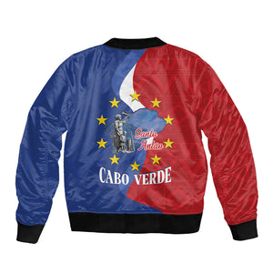 Santo Antao Cabo Verde Sleeve Zip Bomber Jacket Map With Me Maia Statue African Pattern