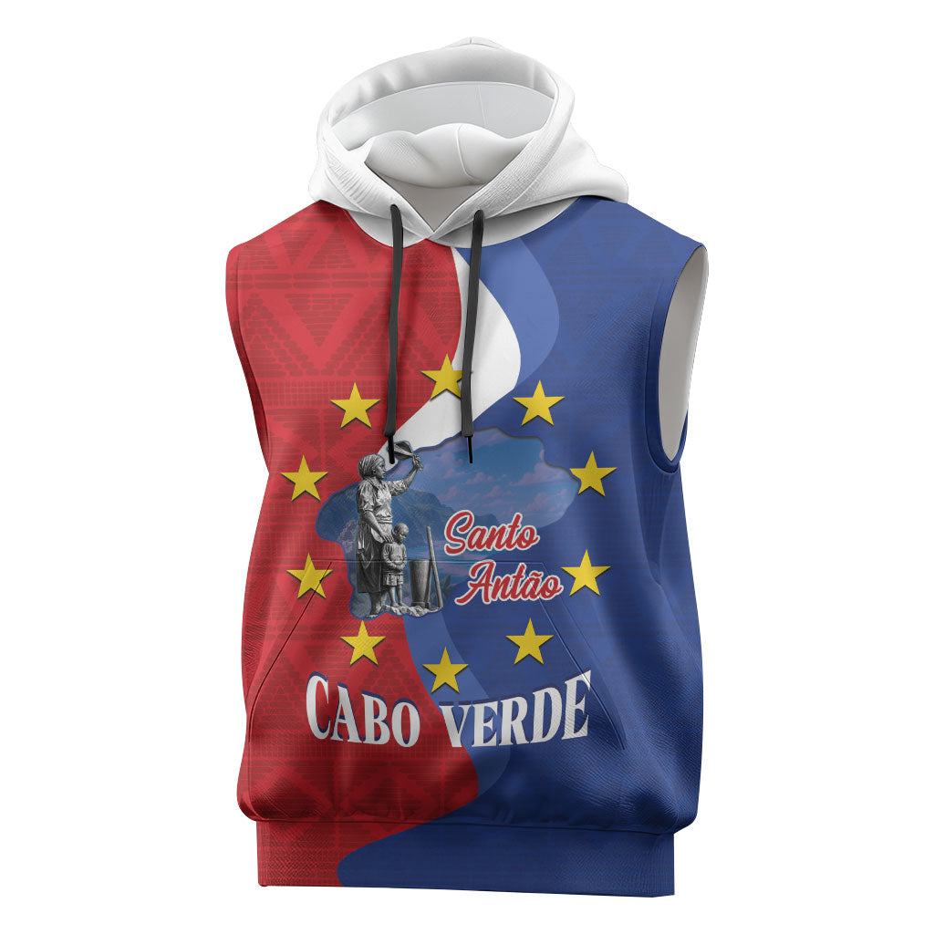 Santo Antao Cabo Verde Sleeveless Hoodie Map With Me Maia Statue African Pattern