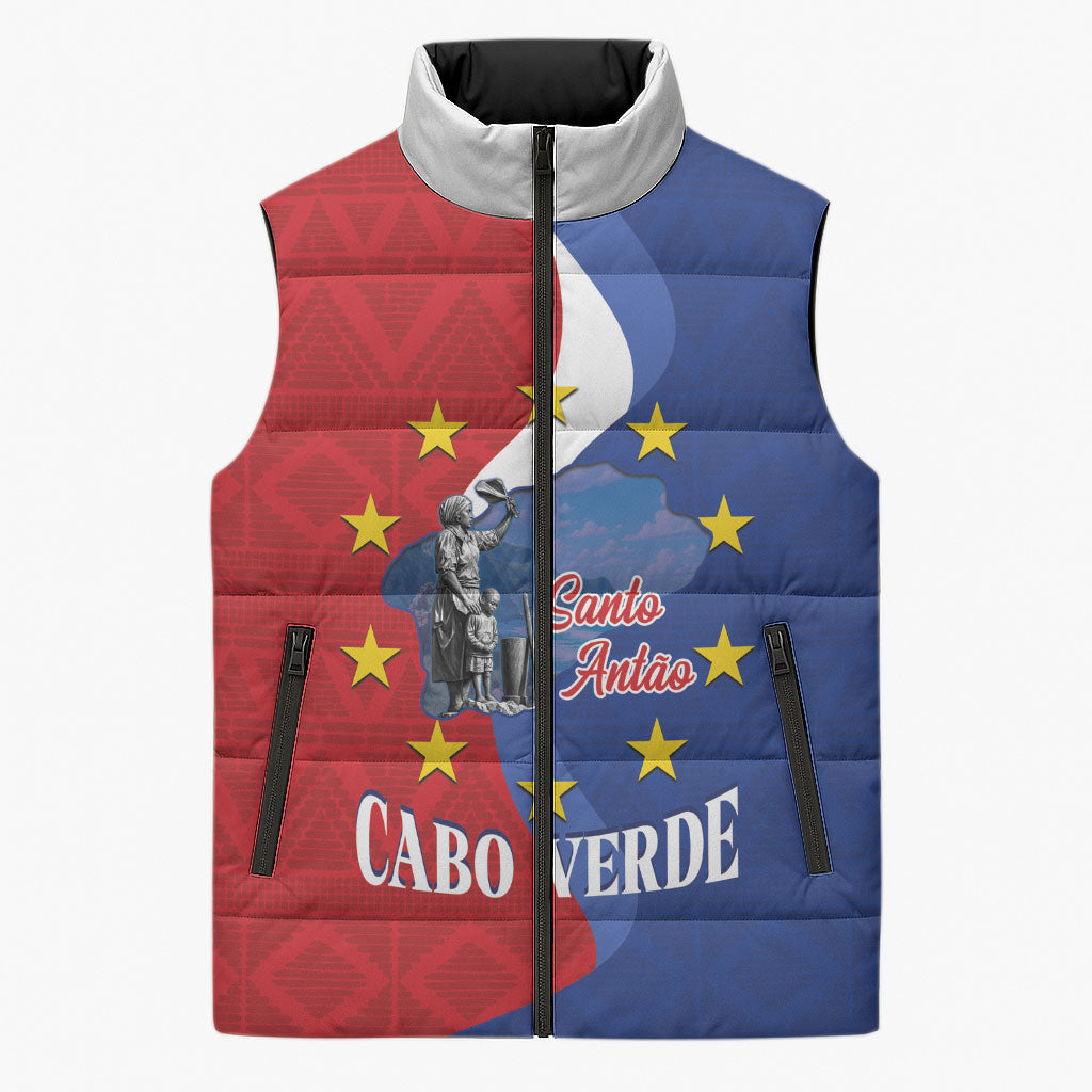 Santo Antao Cabo Verde Sleeveless Puffer Jacket Map With Me Maia Statue African Pattern